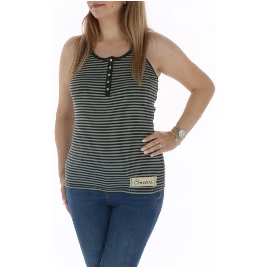 Converse Women Undershirt: Striped tank top with buttons and brand label worn with blue jeans
