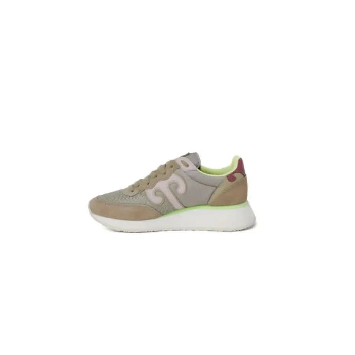 Wushu Women Sneakers - Stylish beige and gray athletic sneaker with neon green accents