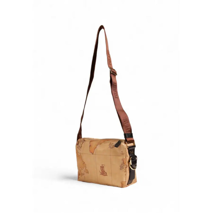 Tan canvas messenger bag with teddy bear print and brown leather strap by Alviero Martini