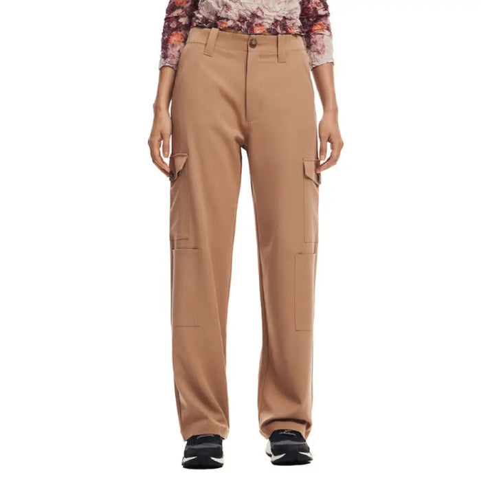 Tan straight-leg cargo pants with side pockets from Desigual for women