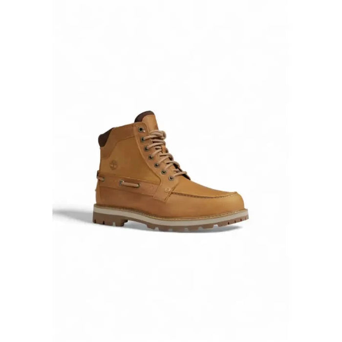 Tan Timberland Men Boots featuring a rugged sole and lace-up design