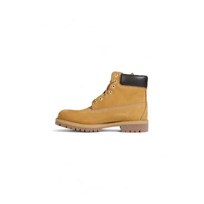 Tan leather Timberland Men Boots featuring a thick rubber sole and black collar