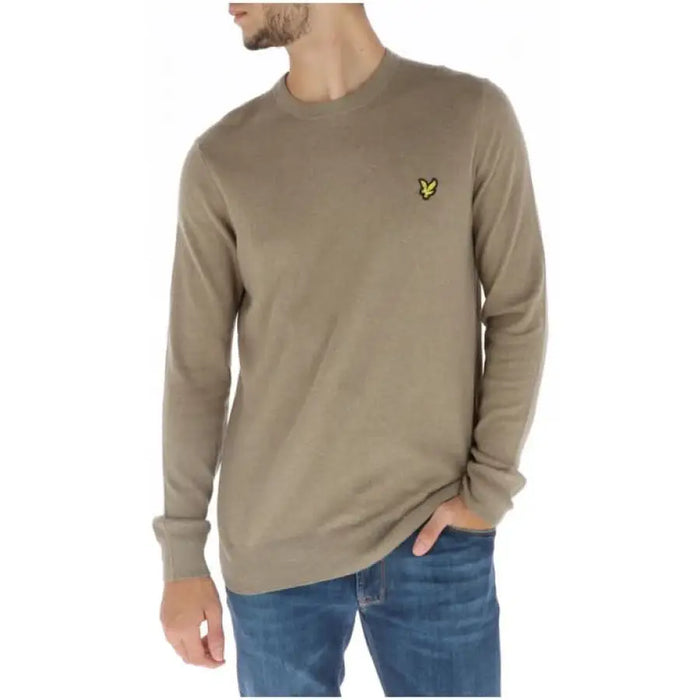 Tan long-sleeve crew neck sweater with Lyle & Scott eagle logo patch for men