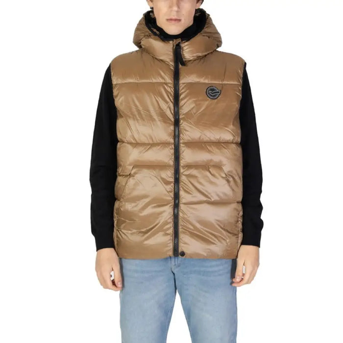 Tan puffy vest with black sleeves and hood from Gas Men Beige Turtleneck Gilet