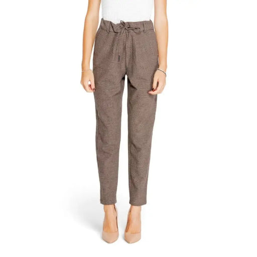 Taupe-colored relaxed fit drawstring pants with tapered legs from Only Women Trousers