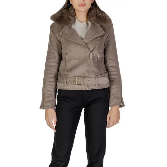 Taupe faux-suede motorcycle jacket with fur collar and belt from Guess Women’s collection