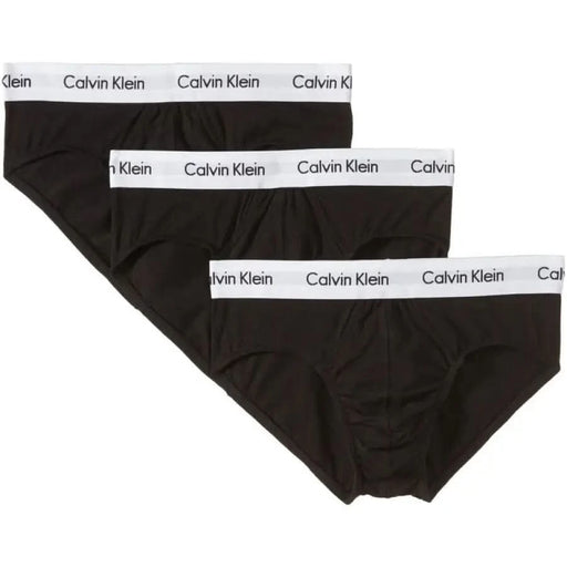 Calvin Klein men’s black briefs with white waistbands displayed in the original packaging