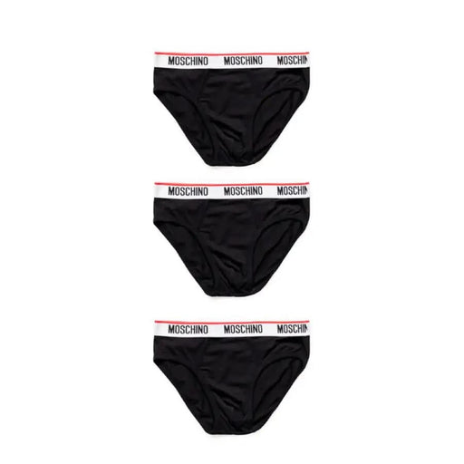 Three black Moschino briefs with white and red branded waistbands displayed on mannequin