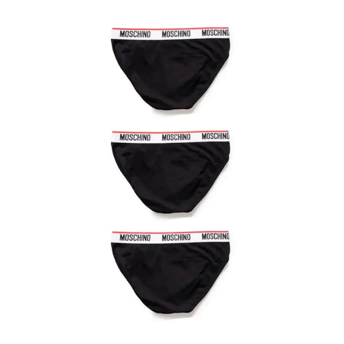 Moschino Underwear Men featuring three black briefs with white elastic waistbands