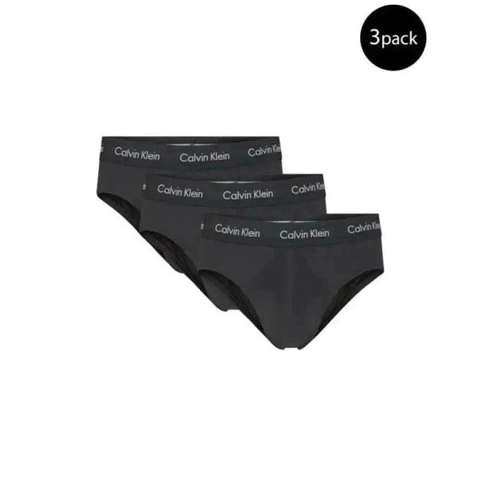 Calvin Klein men’s dark gray briefs with branded waistbands three-pack displayed