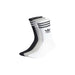 Three pairs of black and white Adidas crew socks with striped cuffs and trefoil logo