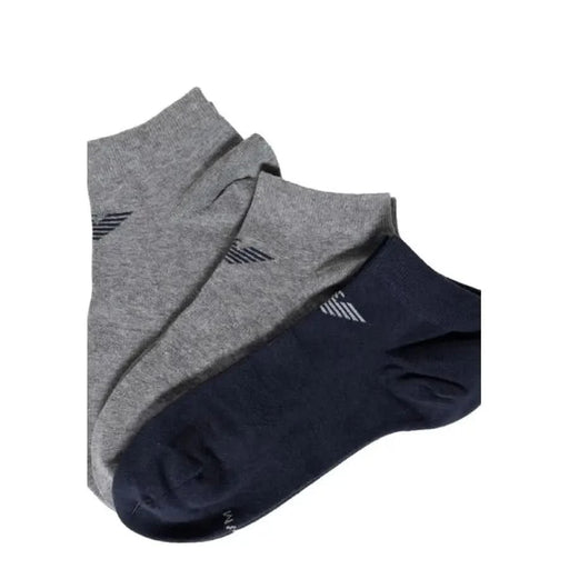 Emporio Armani ankle socks in gray and navy blue with logo design displayed for men