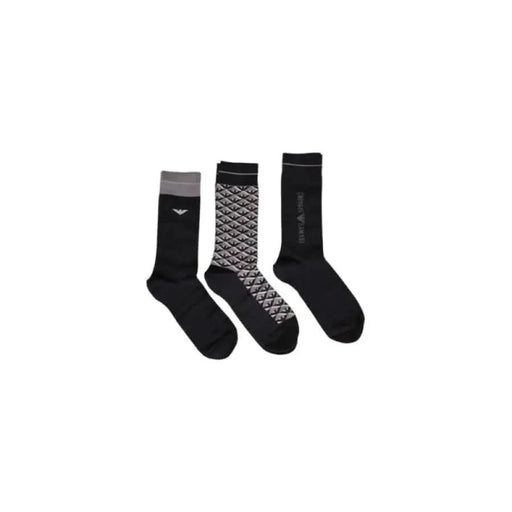 Three pairs of Emporio Armani Underwear men’s dress socks in black and gray patterns