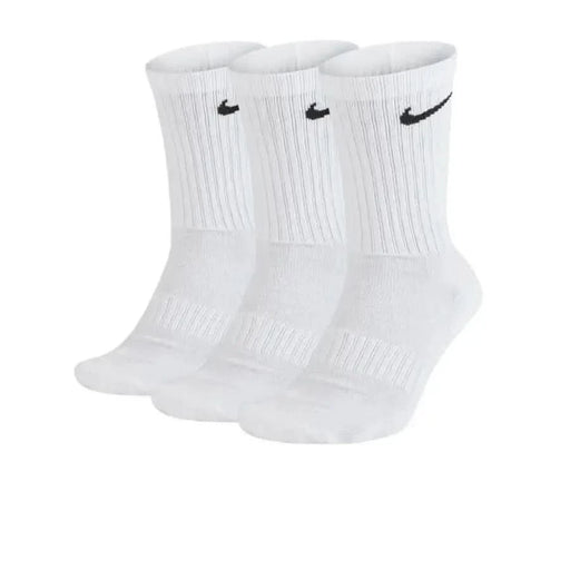 Three white Nike crew socks with black swoosh logos from the Nike Men Underwear collection