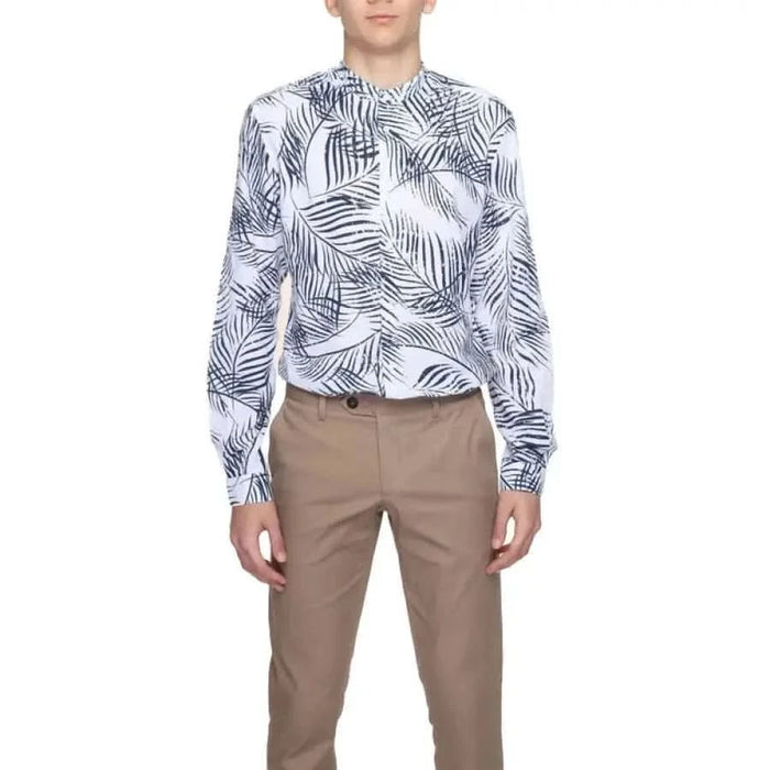 Tropical print button-up shirt with blue and white palm leaf pattern by Antony Morato