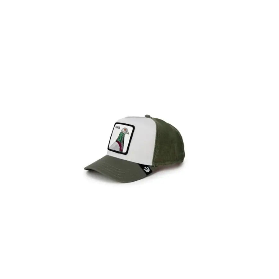 Goorin Bros Women Cap: Trucker-style with green brim, white panel, and cartoon character patch