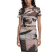 Two-piece outfit with cropped t-shirt and pencil skirt in abstract grey and pink print