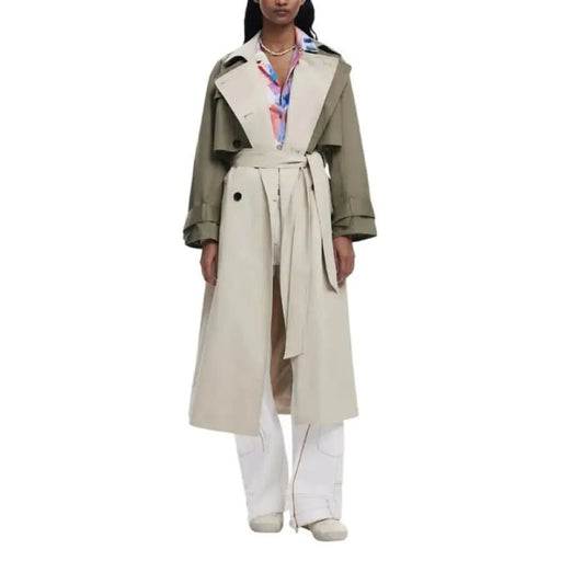 Desigual Women’s Beige Long Cotton Jacket with Lapel Collar and Two-tone Belted Design