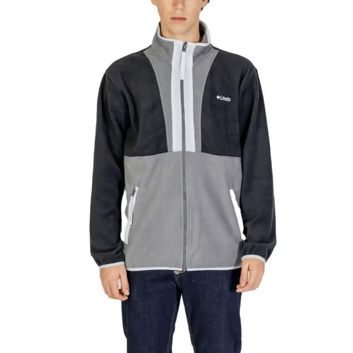 Columbia Men Sweatshirts featuring a two-tone fleece jacket in black and gray panels