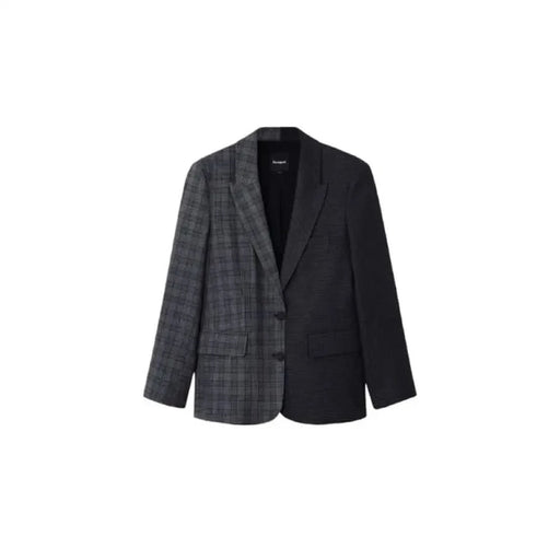 Two-tone plaid blazer by Desigual featuring contrasting patterns on each half