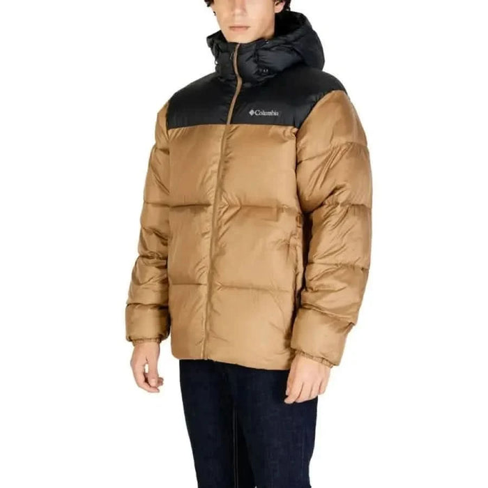 Two-tone Columbia Men Jacket with hood, tan lower and black upper sections