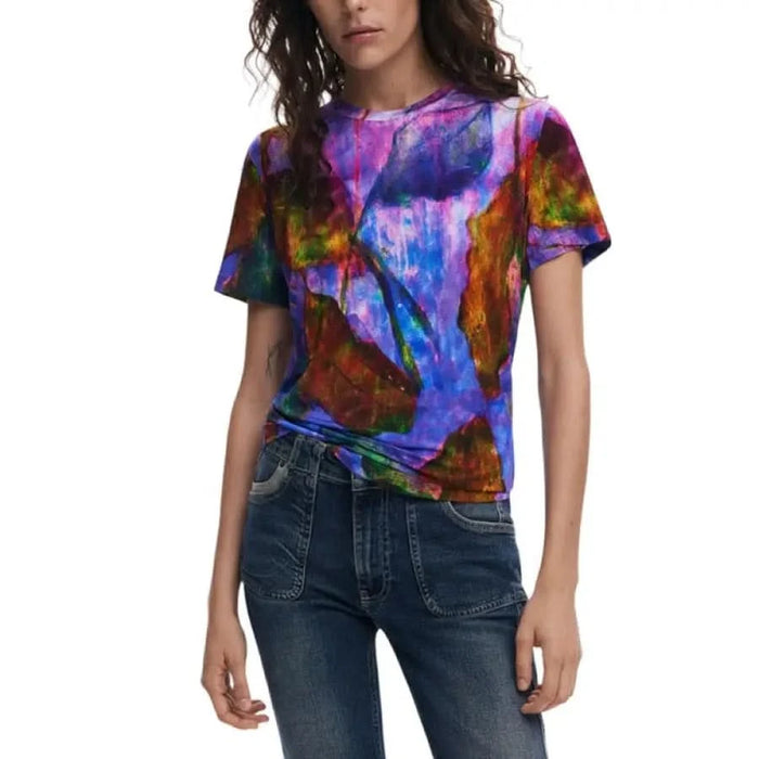 Vibrant tie-dye Desigual Women’s Purple Round Neck T-Shirt with swirling patterns