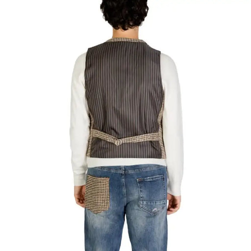 Back view of Gianni Lupo Men Gilet featuring pinstriped vest and checkered fabric accent