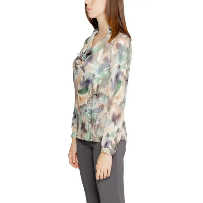 Watercolor-patterned long-sleeve blouse in muted green, purple, and beige by Rinascimento