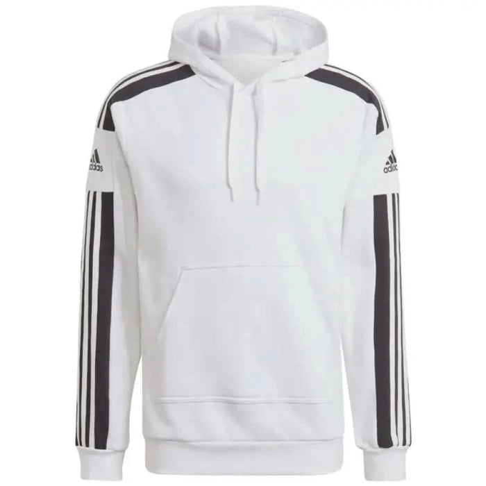 White Adidas hoodie featuring black stripes on the sleeves from Adidas Men Sweatshirts