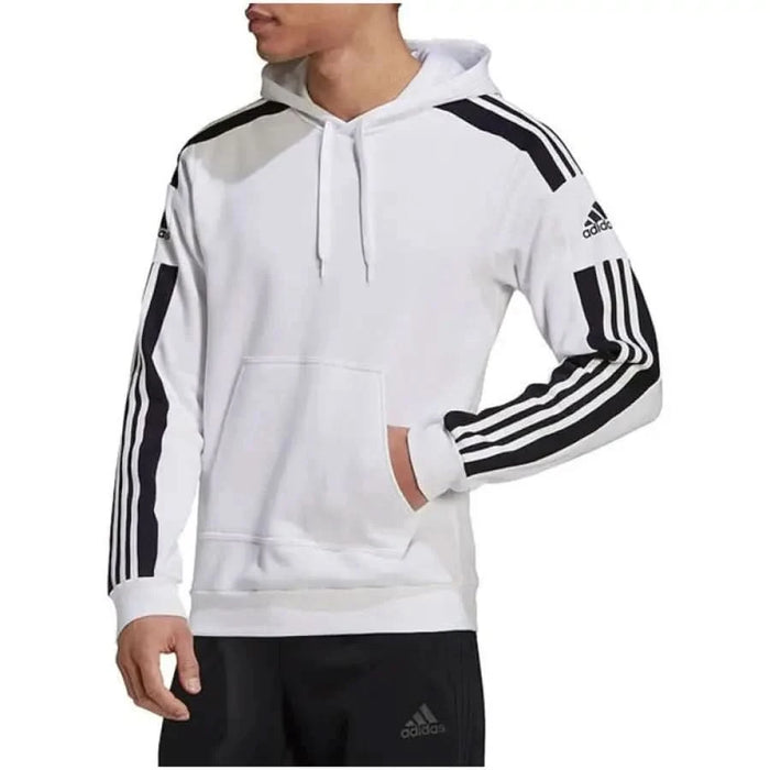 White Adidas hoodie with black stripes on sleeves, part of Adidas Men Sweatshirts collection