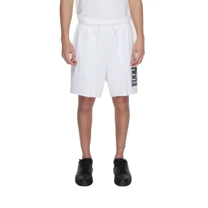 White athletic shorts with a black side logo; product: Ea7 Men Shorts