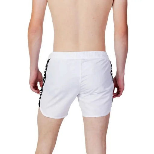 White athletic shorts with black side stripes by Trussardi Beachwear Men Swimwear