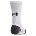 White athletic sock featuring black Under Armour logo and grey reinforced heel