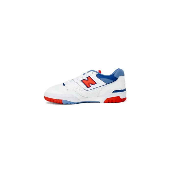 White New Balance Women Sneakers with blue and red accents on display