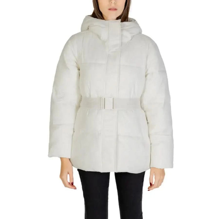 White belted puffer jacket with hood from Calvin Klein Women, stylish and warm outerwear