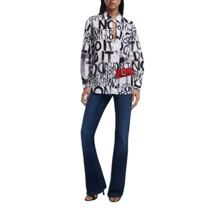 White and black letter-print jacket with red logo patch from Desigual Women’s collection