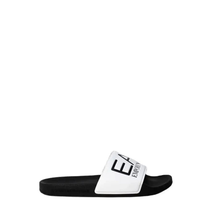 White and black slide sandal with EA branding on strap - Ea7 Women Slippers