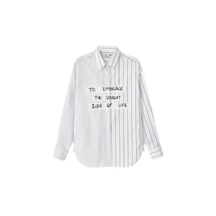 White Desigual Women Shirt with vertical stripes and stylish handwritten text design