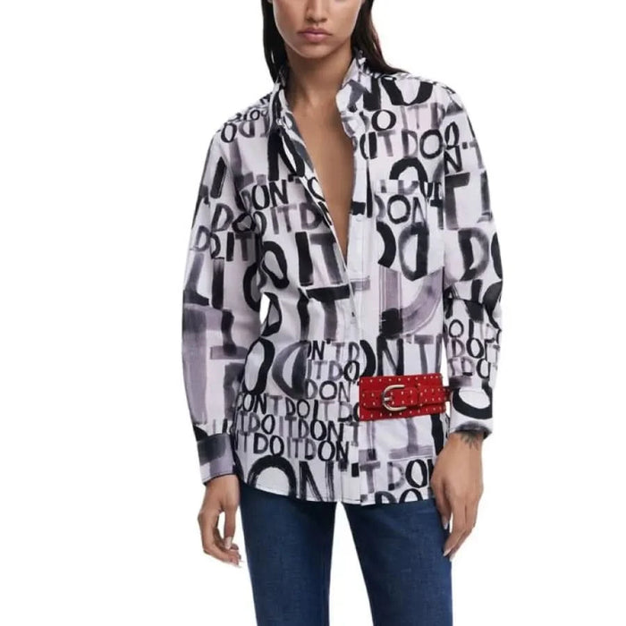 White button-up shirt with black print and red belt in Desigual Women’s Cotton Shirt