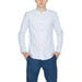 Gianni Lupo - Gianni Lupo Men Shirt: White button-up with mandarin collar over blue trousers