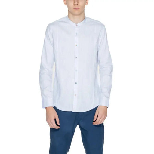 Gianni Lupo Men’s White Button-Up Shirt with Mandarin Collar and Long Sleeves