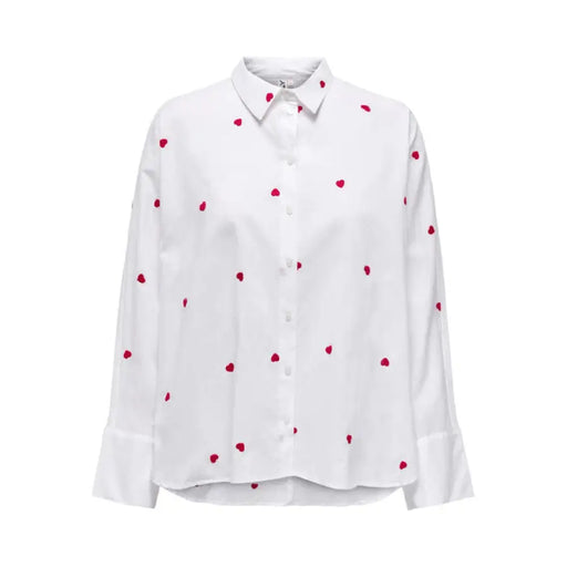 White button-up shirt with pink heart patterns from Only Women Shirt collection