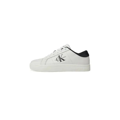 White Calvin Klein sneaker with black heel accent and CK logo for men