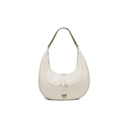 White crescent-shaped handbag with braided strap and metal emblem by Pinko