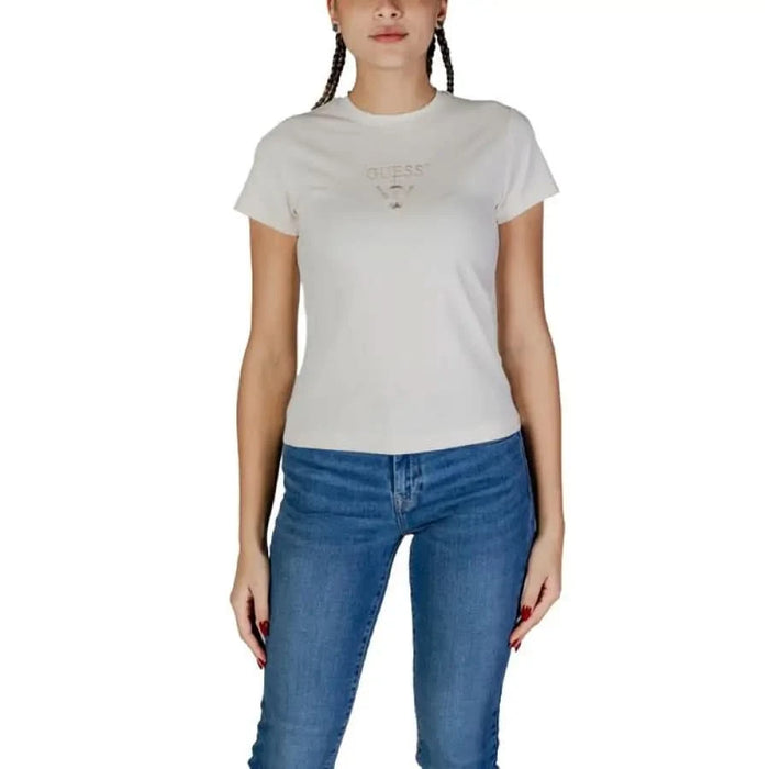 White crew neck t-shirt featuring small chest graphic from Guess Active Women’s collection