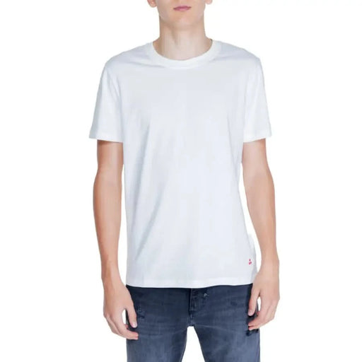 Peuterey Men T-Shirt in White Crew Neck Style Worn by a Person