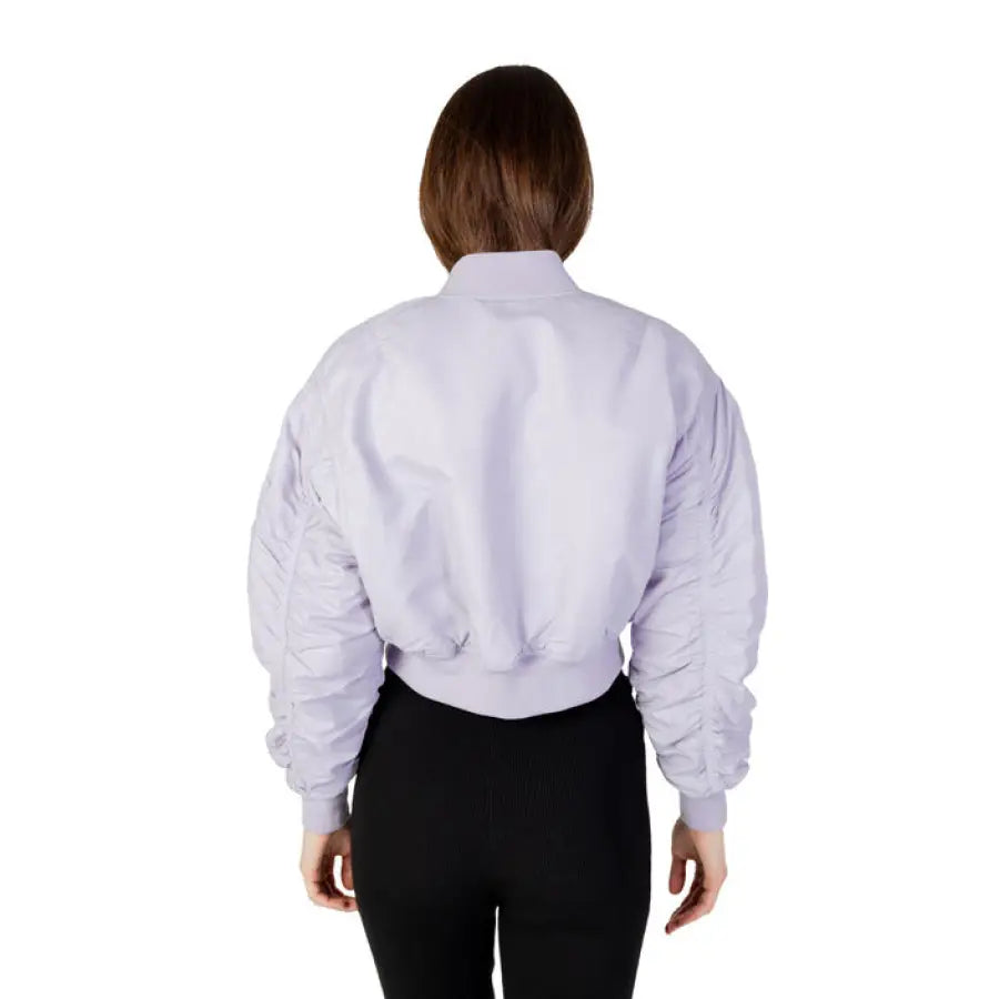 White cropped bomber jacket with gathered sleeves, back view - Calvin Klein Jeans Women Jacket