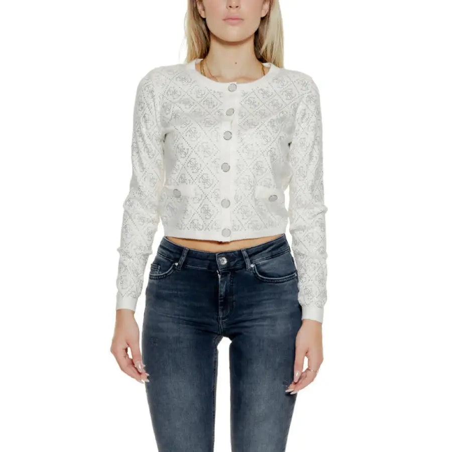 White cropped cardigan with diamond pattern and buttons from Guess Women’s Knitwear