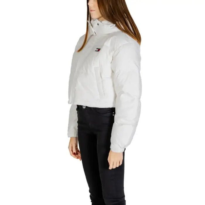 White cropped puffer jacket with a high collar from Tommy Hilfiger Women’s collection