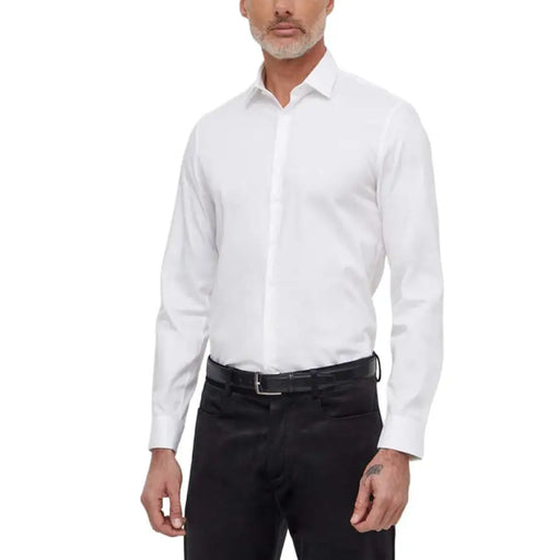 Calvin Klein Men White Dress Shirt with Black Trousers and Belt